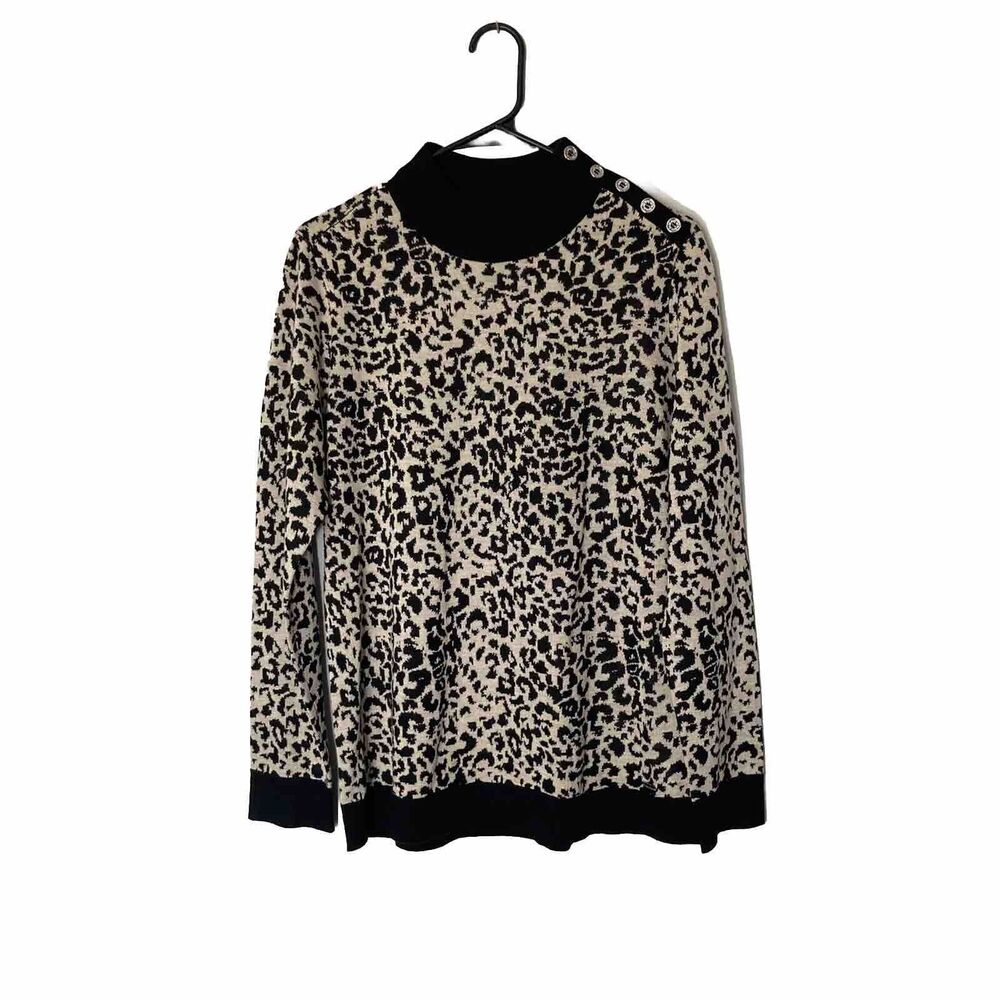 Calvin Klein Womens Sweater M Pullover Leopard Animal Print Black Tan Career